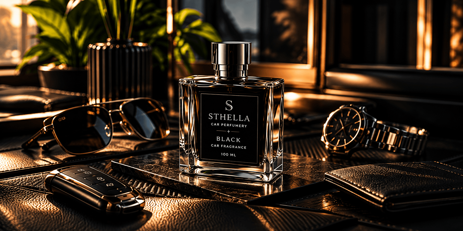 Frasco Sthella Black sobre el interior de un vehículo al atardecer — la esencia de tu viaje
