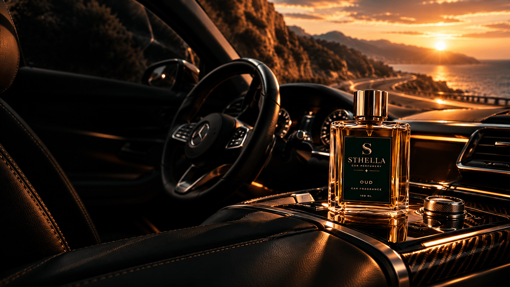 Frasco Sthella Car Perfumery sobre el tablero de un vehículo premium al atardecer